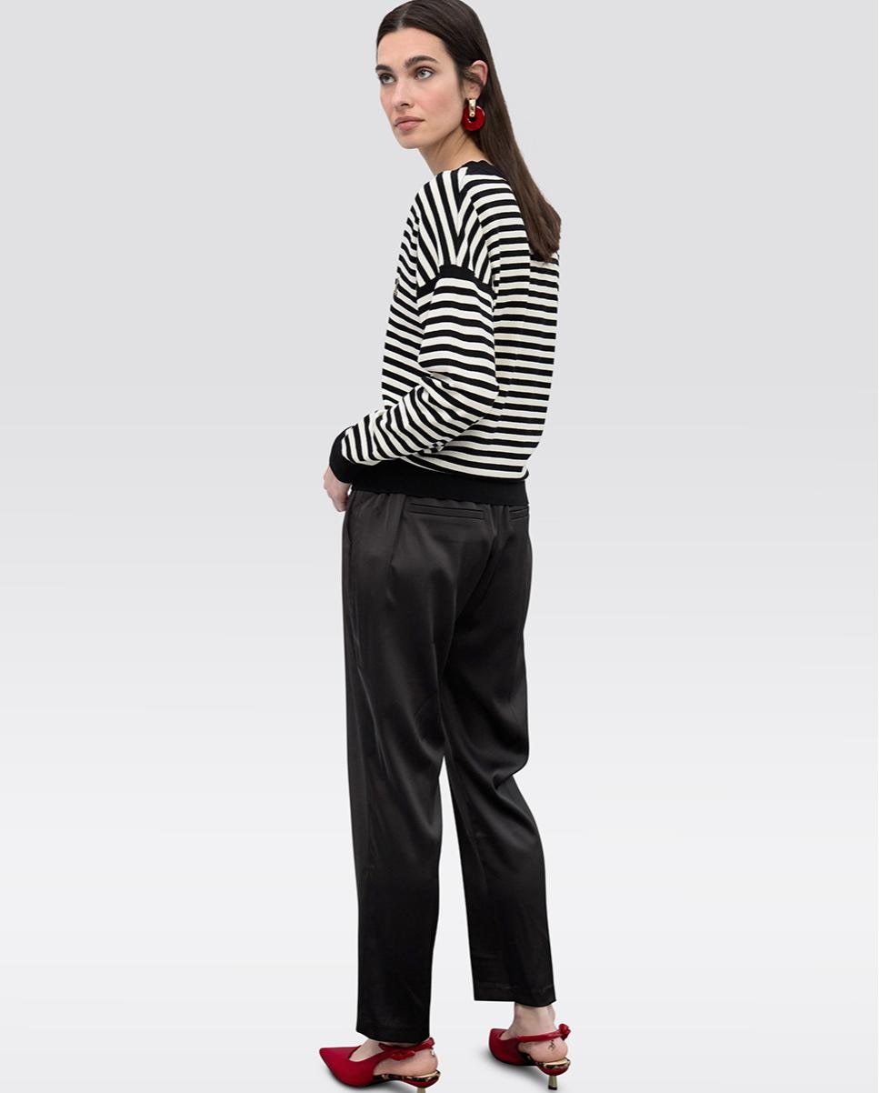 Camisola às Riscas Bicolor com Gola em V Preto / Branco-3
