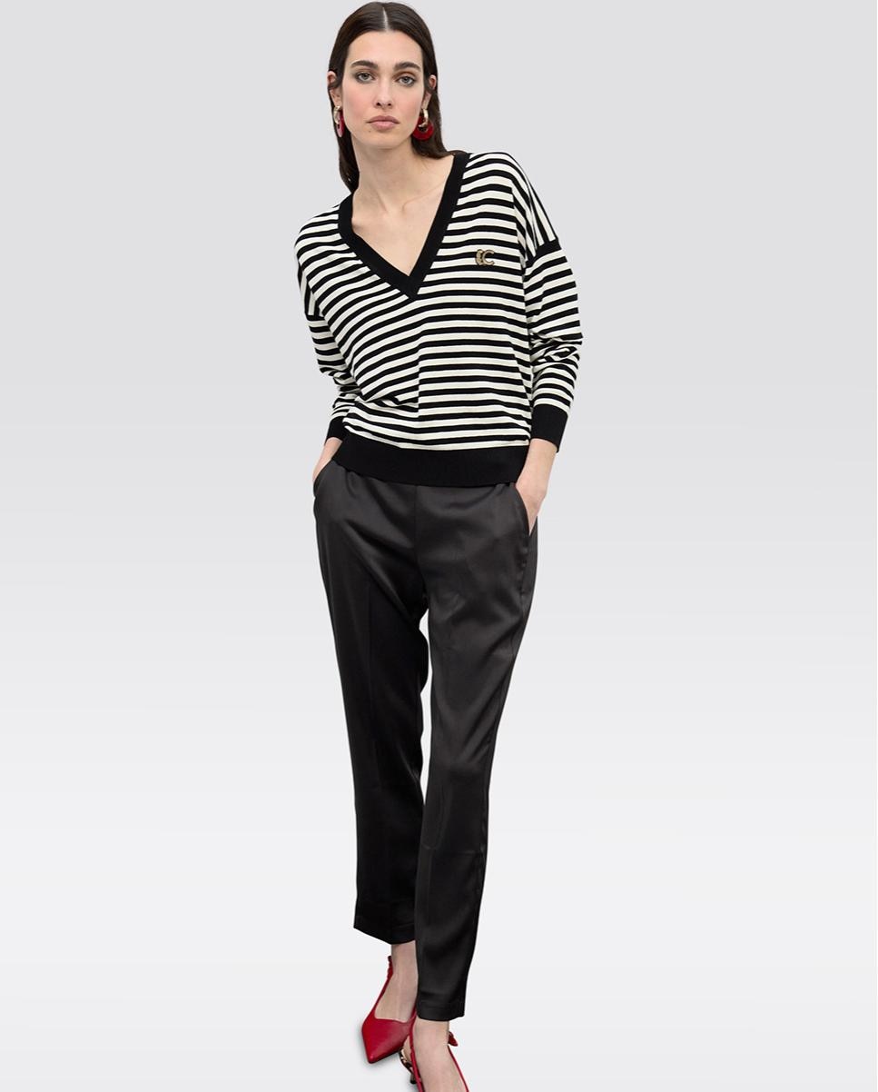 Camisola às Riscas Bicolor com Gola em V Preto / Branco-4
