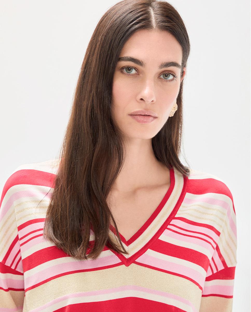 Camisola às Riscas Tricolor com Gola em V Multicolor-2