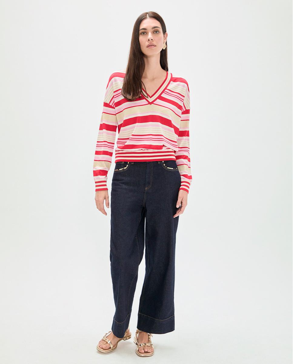 Camisola às Riscas Tricolor com Gola em V Multicolor-3