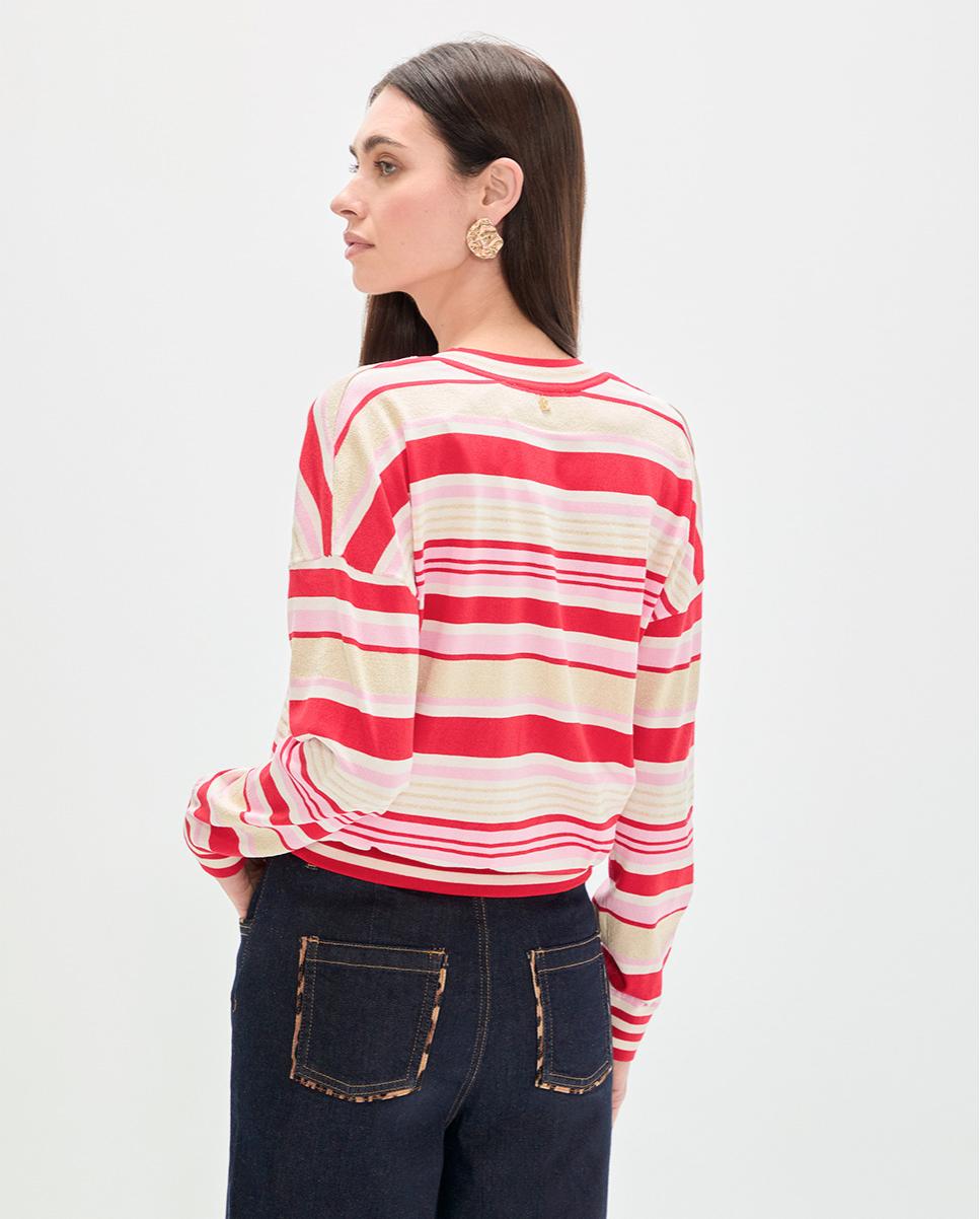 Camisola às Riscas Tricolor com Gola em V Multicolor-4