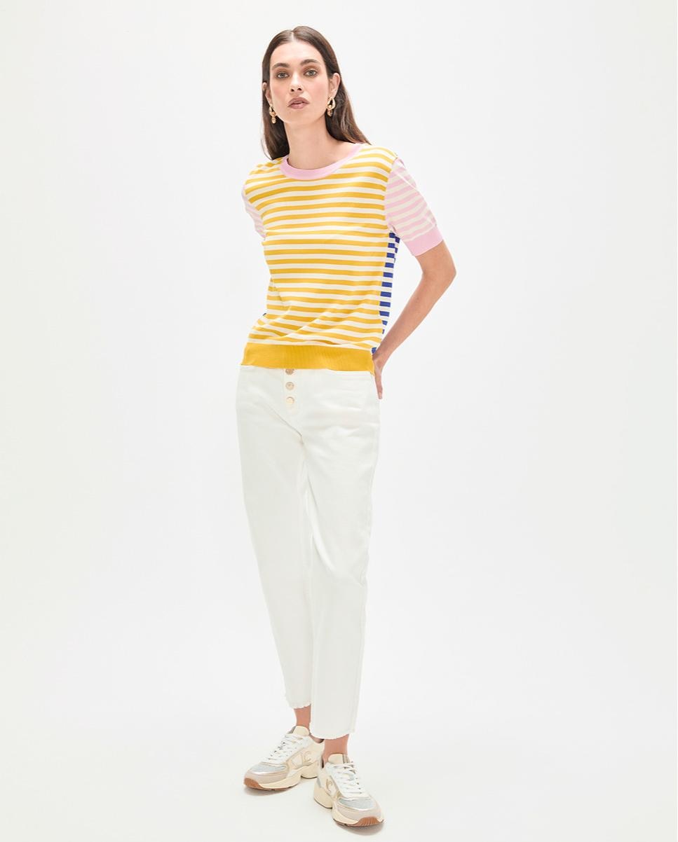 Camisola Leve às Riscas de Manga Curta Multicolor-3