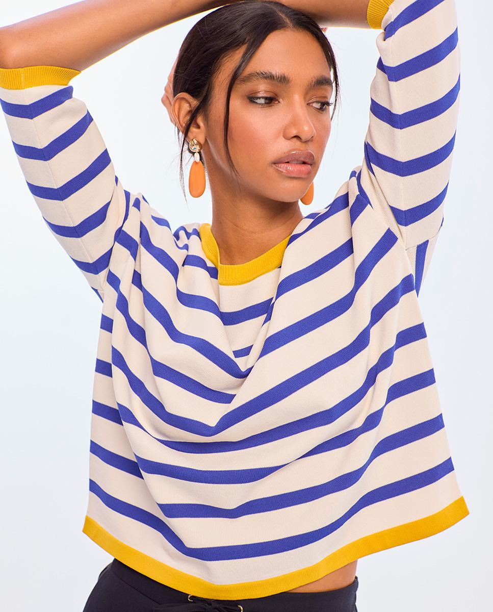 Camisola às Riscas Bicolor e Rib em Contraste Branco / Azul-2