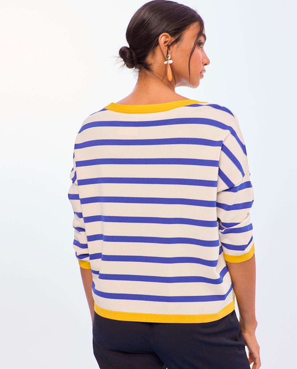 Camisola às Riscas Bicolor e Rib em Contraste Branco / Azul-4