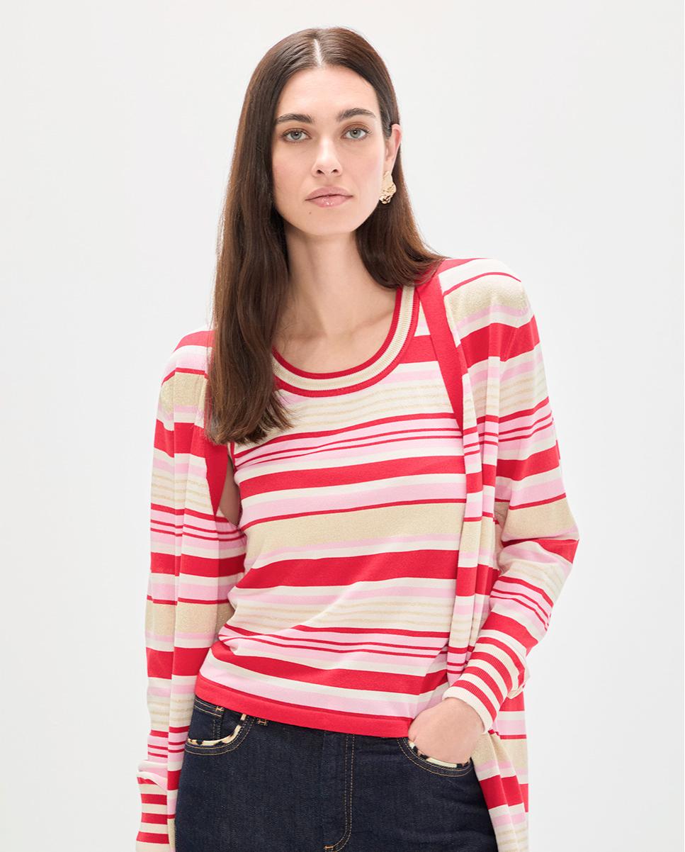 Cardigan Comprido às Riscas Tricolor Multicolor-4