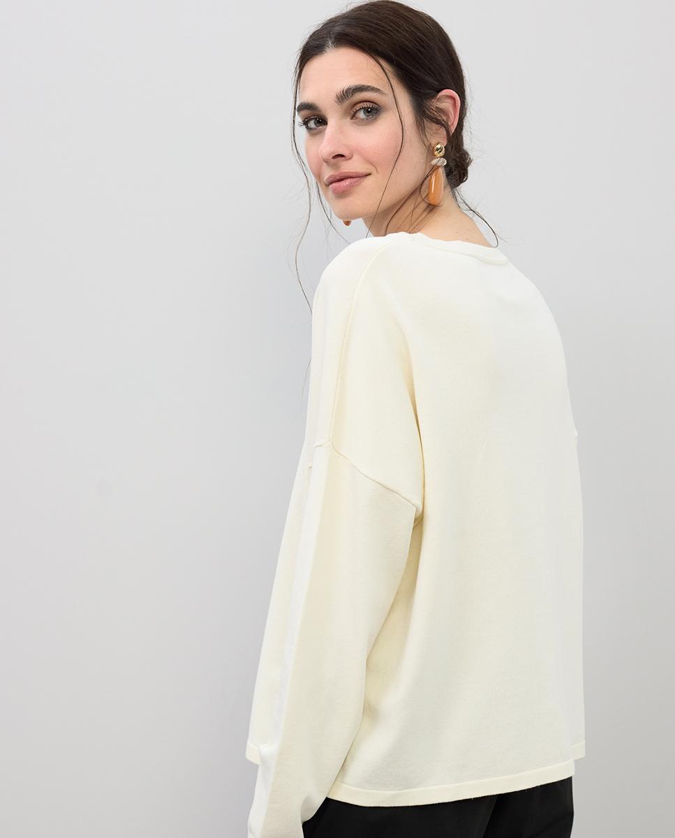 Camisola Folgada com Strass Marfim-4