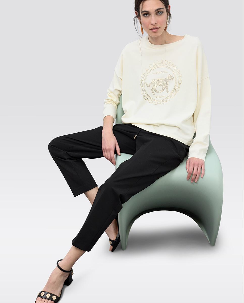Camisola Folgada com Strass Marfim-5