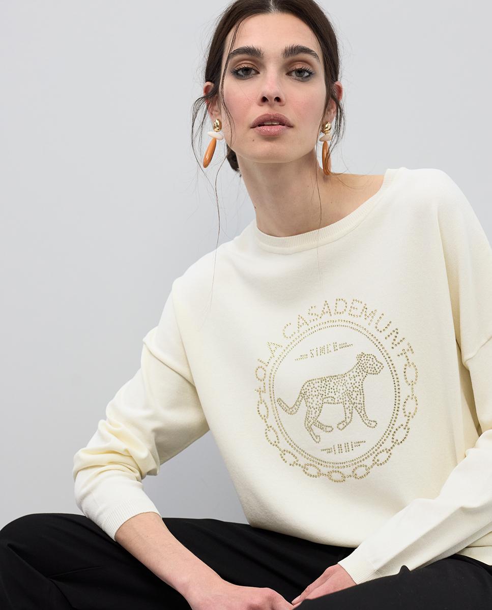 Camisola Folgada com Strass Marfim-6