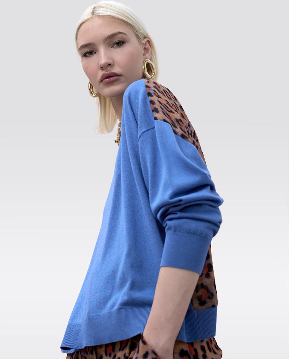 Camisola Combinada com Costas Animal Print Azul-3