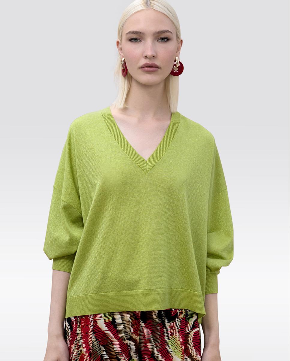 Camisola com Gola em V e Lurex em Tom Pistácio-2