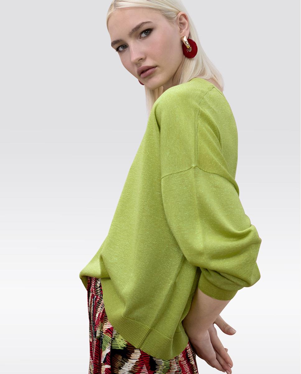 Camisola com Gola em V e Lurex em Tom Pistácio-3