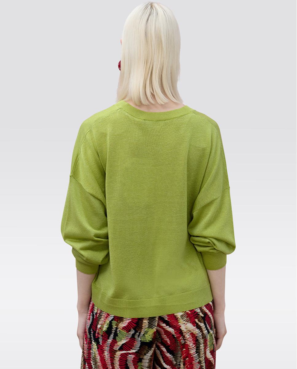 Camisola com Gola em V e Lurex em Tom Pistácio-5