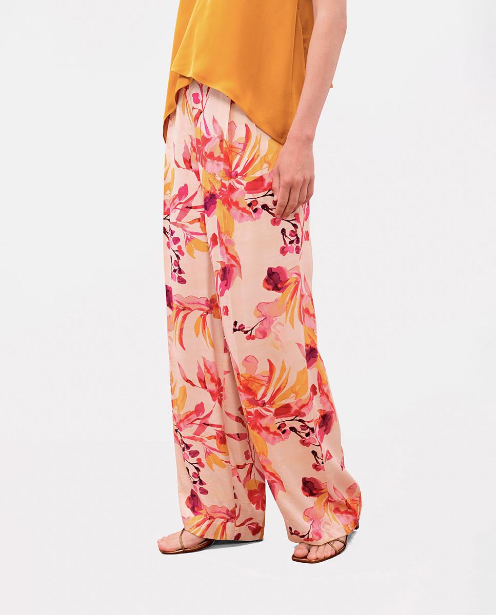 Calças Largas Wideleg em Tecido Acetinado Estampado Multicolor-2