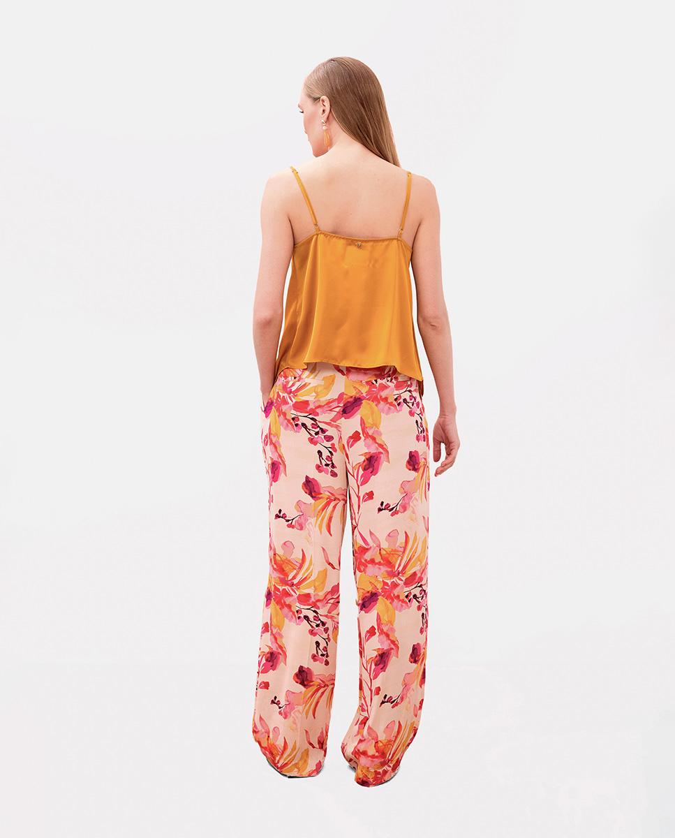 Calças Largas Wideleg em Tecido Acetinado Estampado Multicolor-3