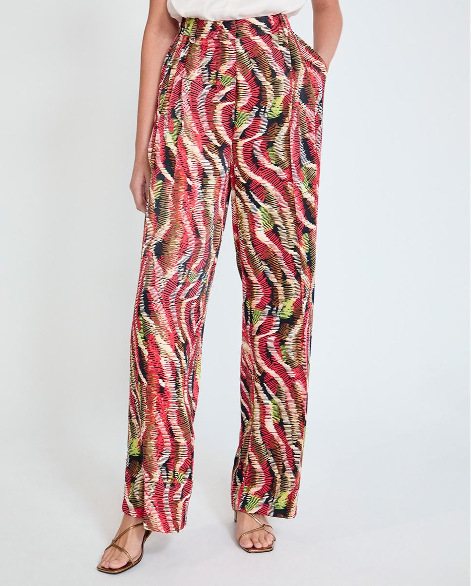Calças Largas Wideleg em Tecido Acetinado Estampado Multicolor-3