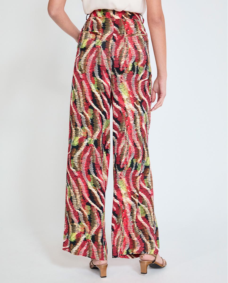 Calças Largas Wideleg em Tecido Acetinado Estampado Multicolor-5