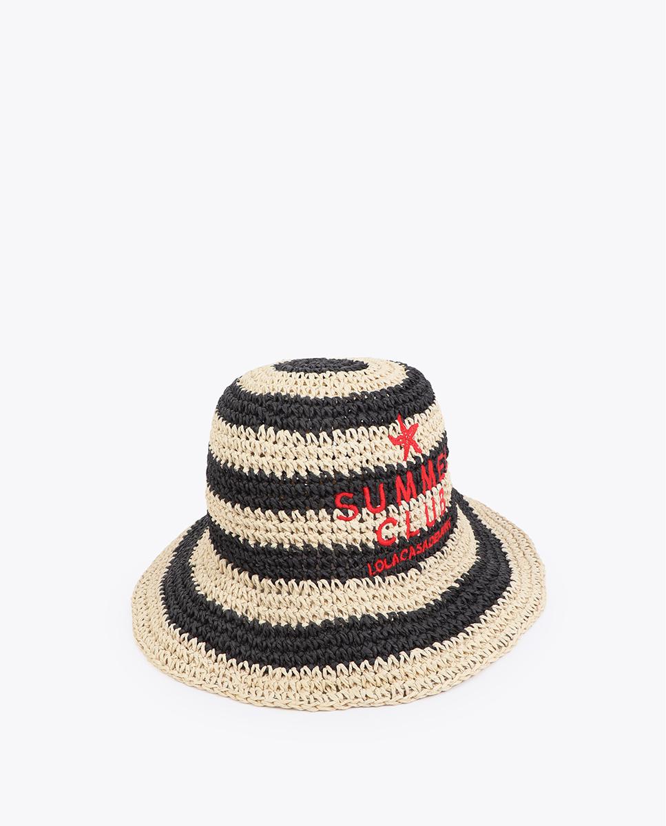 Chapéu Efeito Ráfia às Riscas com Bordado Preto / Branco-2