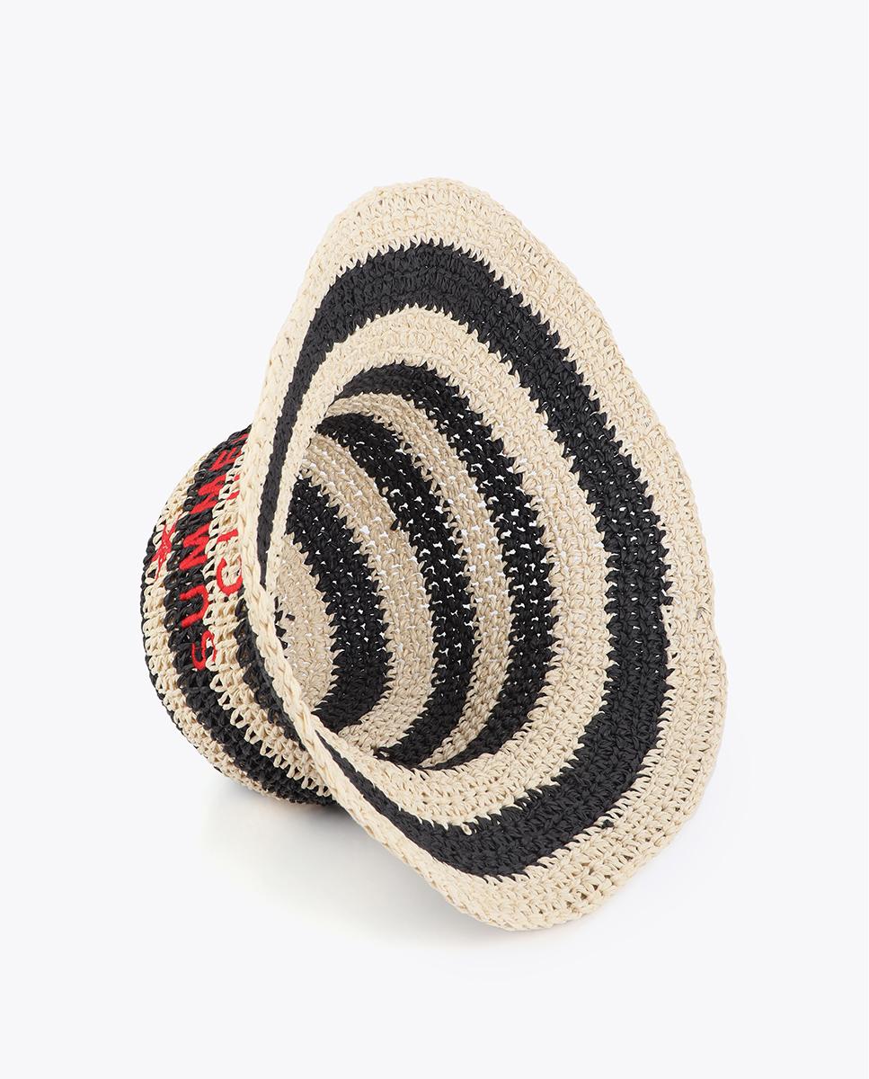 Chapéu Efeito Ráfia às Riscas com Bordado Preto / Branco-3