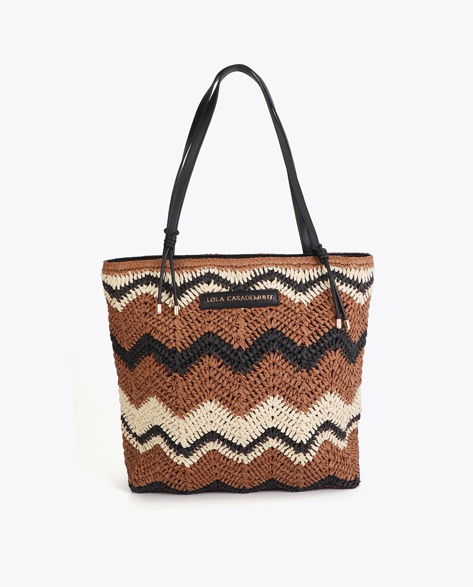 Imagem 0 de Mala Shopper Efeito Ráfia com Padrão de Espiga Bicolor e Alças Efeito Couro