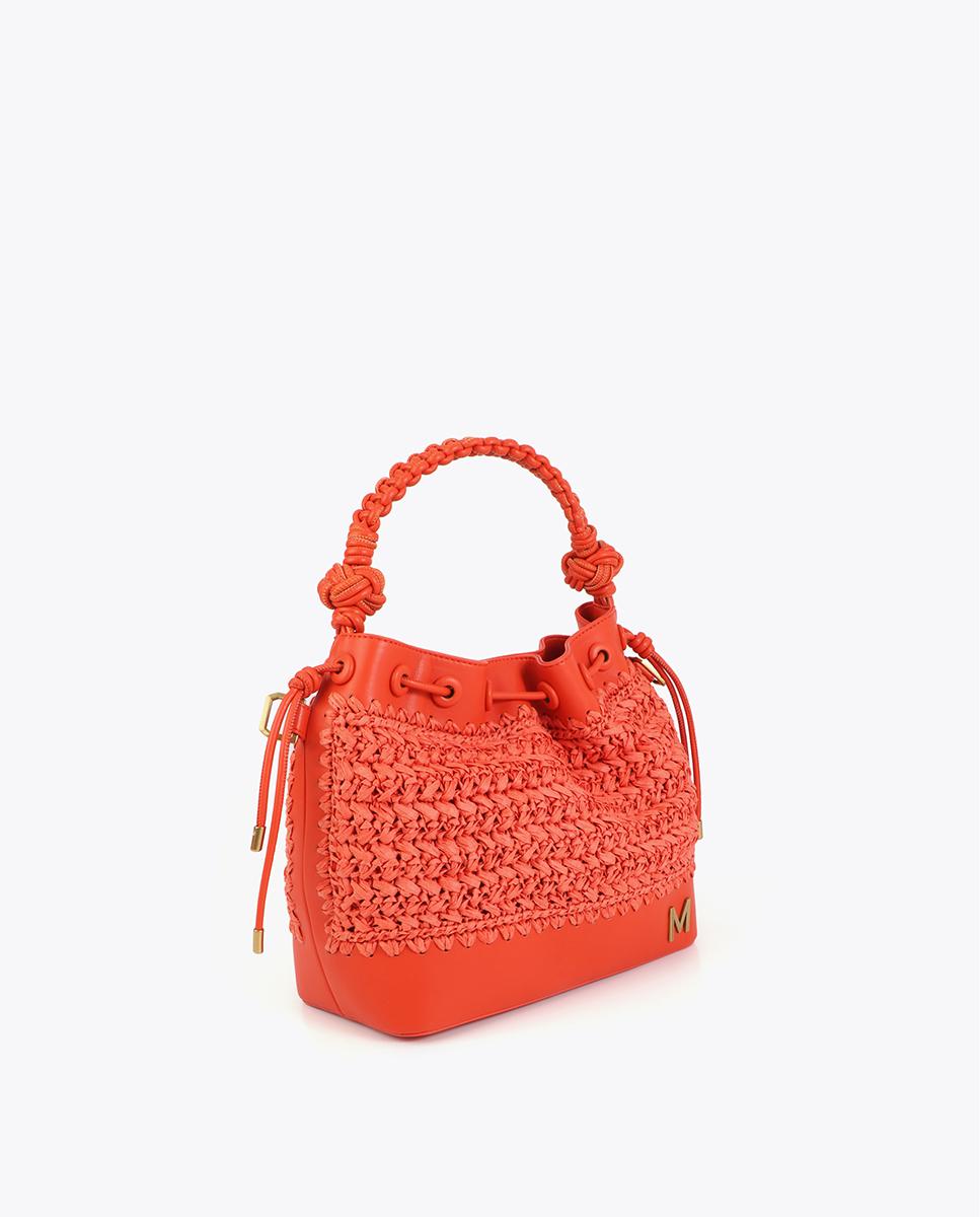Mala de Mão Combinada em Ráfia e Detalhes Efeito Pele Vermelho-2