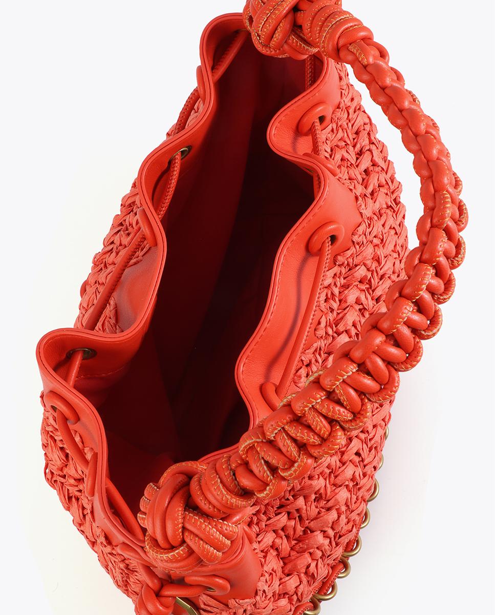 Mala de Mão Combinada em Ráfia e Detalhes Efeito Pele Vermelho-5