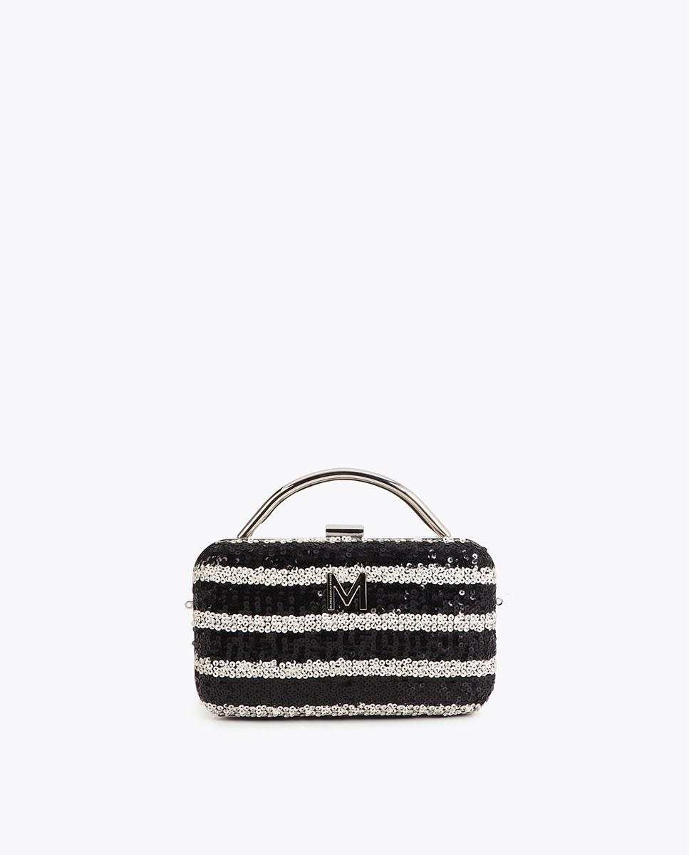 Mala de Festa Clutch Às Riscas com Sequins Brilhantes Preto / Branco-1