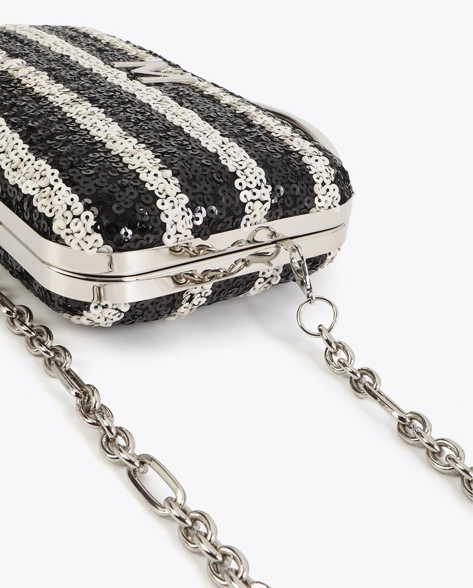 Mala de Festa Clutch Às Riscas com Sequins Brilhantes Preto / Branco-6
