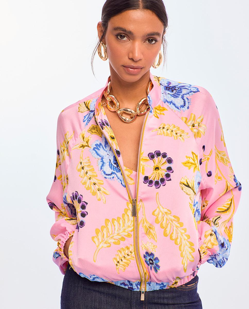 Imagem 0 de Blusão Bomber com Print de Flores e Fecho Zip