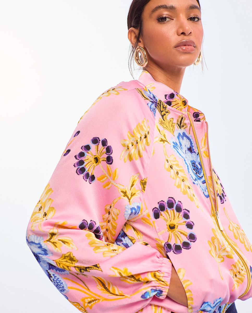 Blusão Bomber com Print de Flores e Fecho Zip Rosa-claro-2