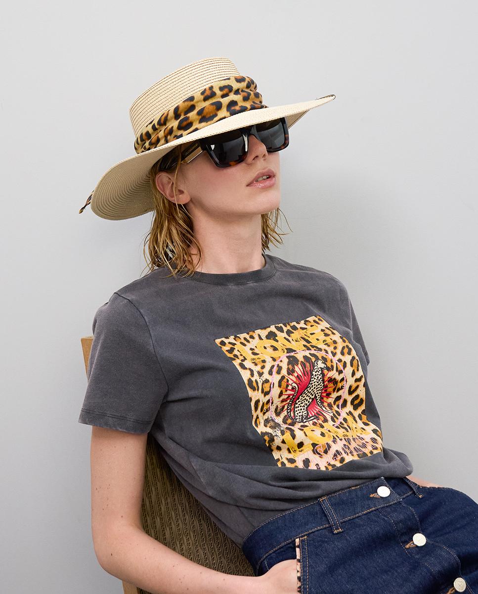 Chapéu de Aba Larga em Material Entrançado com Laçada Estampada Cru-2