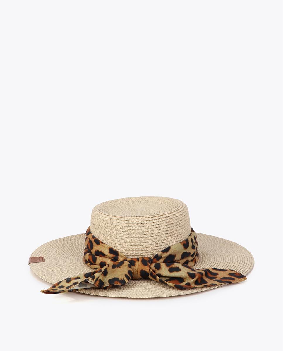 Chapéu de Aba Larga em Material Entrançado com Laçada Estampada Cru-3