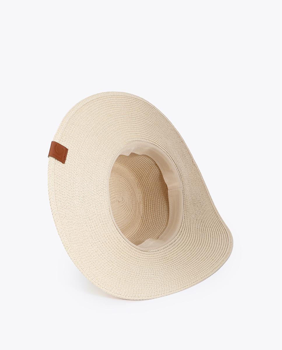 Chapéu de Aba Larga em Material Entrançado com Laçada Estampada Cru-4