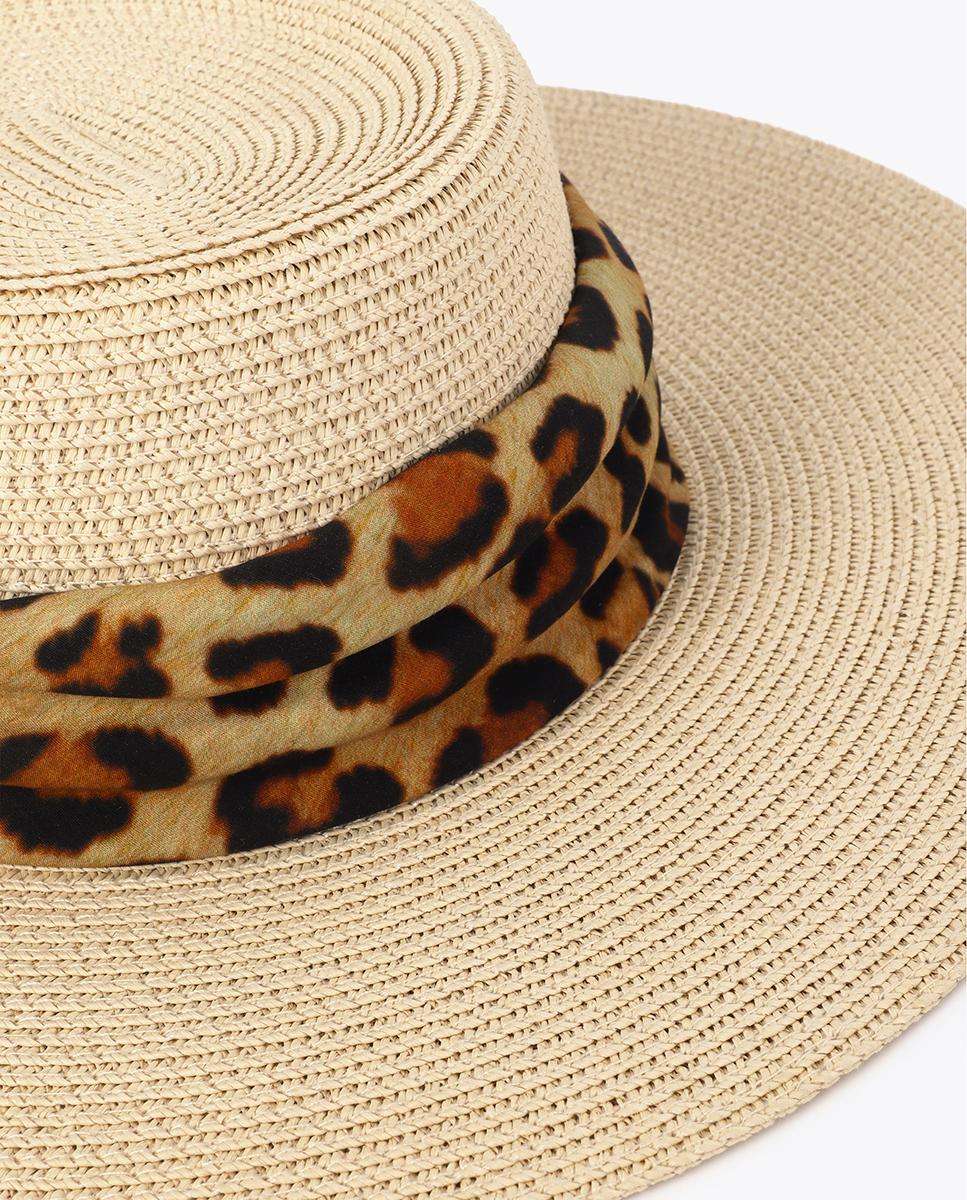 Chapéu de Aba Larga em Material Entrançado com Laçada Estampada Cru-5