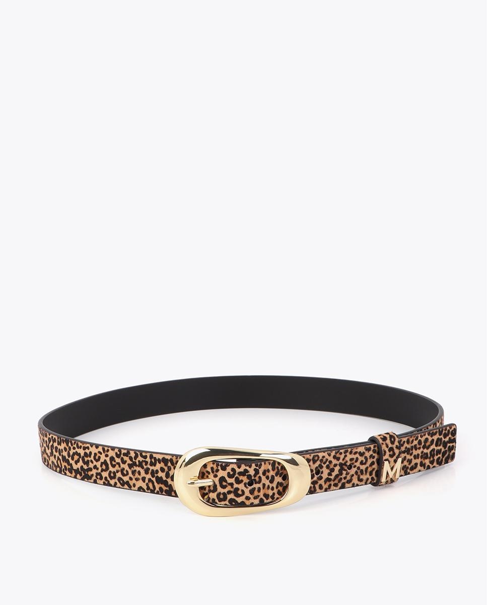 Cinto com Fivela Fino de Pele com Estampado Animal Print Castanho-2