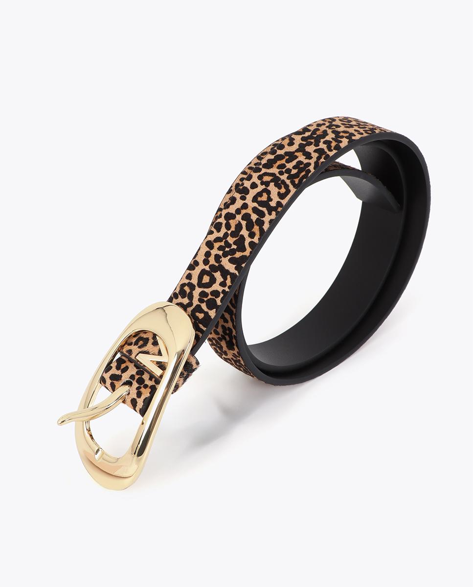 Cinto com Fivela Fino de Pele com Estampado Animal Print Castanho-4