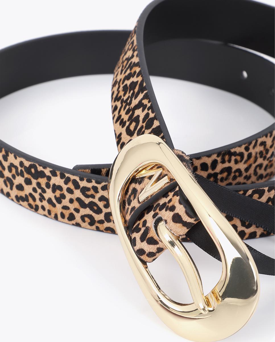 Cinto com Fivela Fino de Pele com Estampado Animal Print Castanho-5