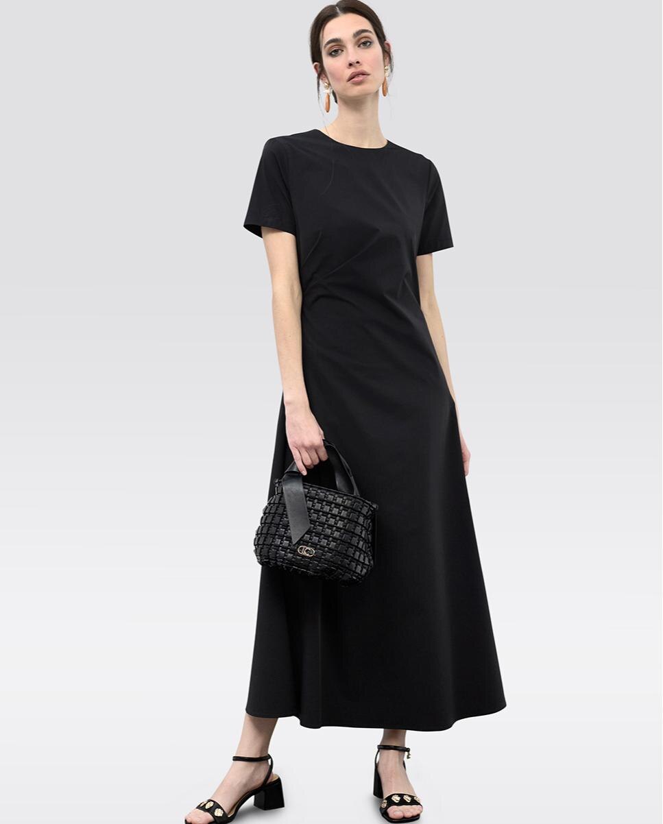 Vestido Midi Elástico de Manga Curta com Franzido na Cintura Preto-2