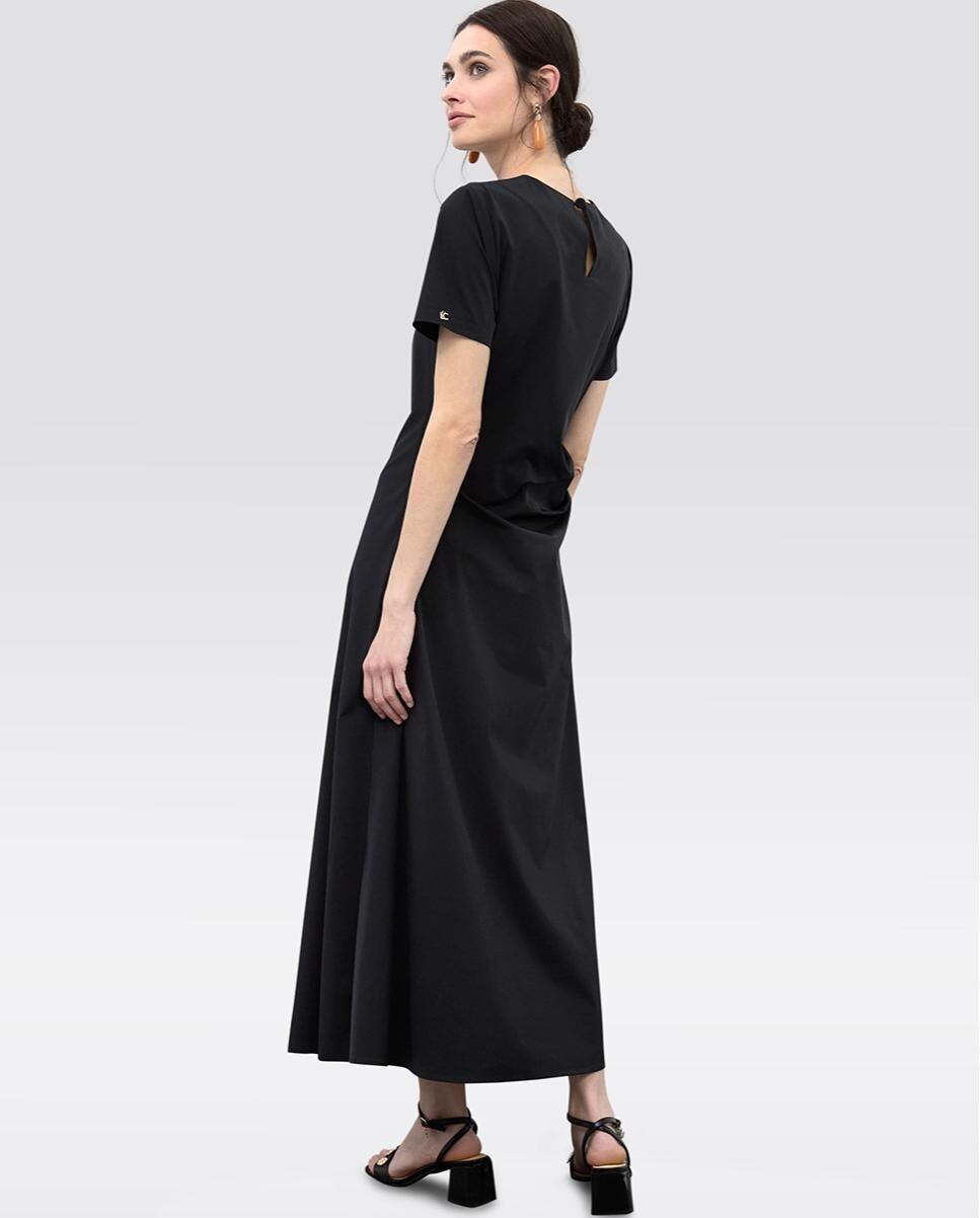 Vestido Midi Elástico de Manga Curta com Franzido na Cintura Preto-3