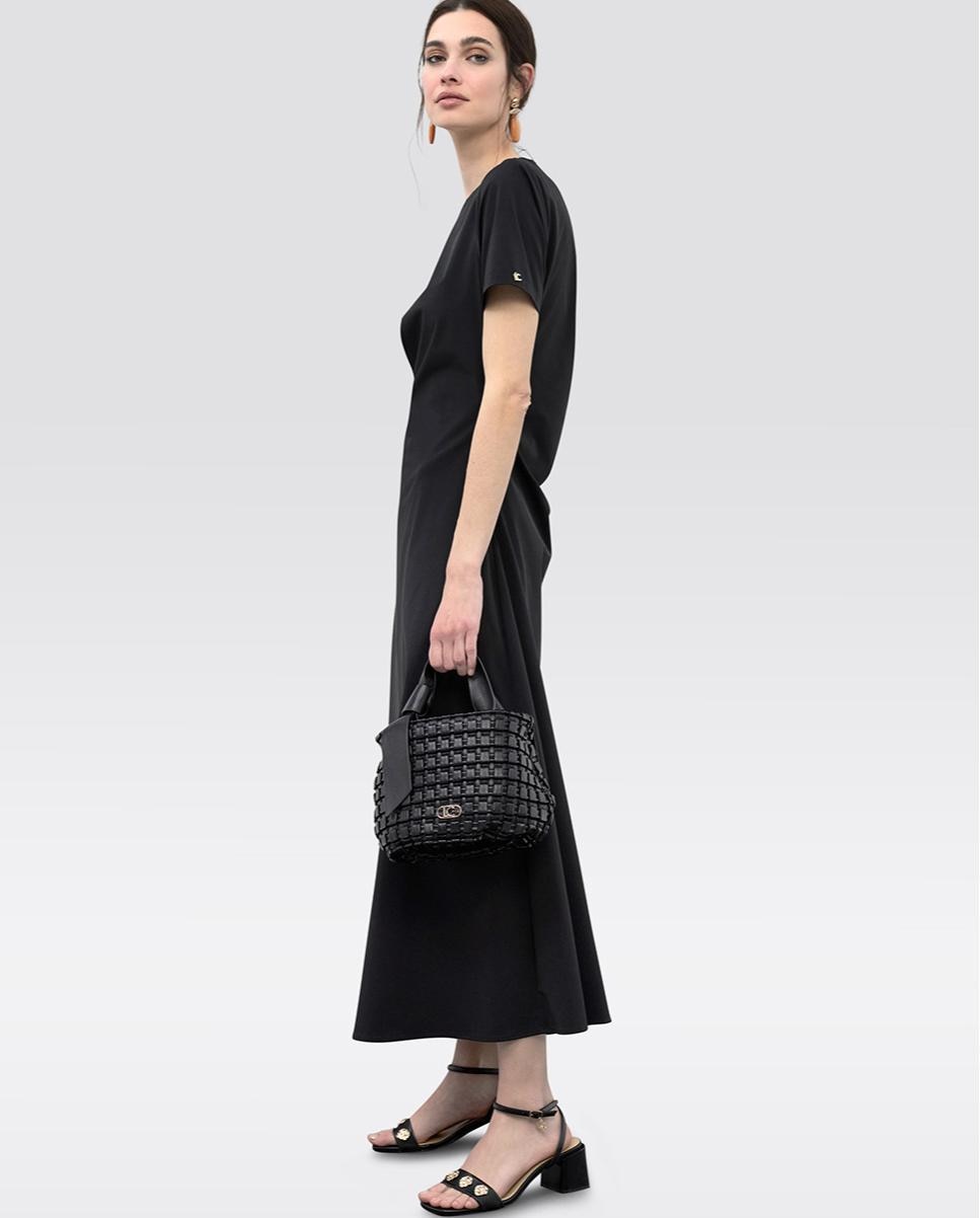 Vestido Midi Elástico de Manga Curta com Franzido na Cintura Preto-4