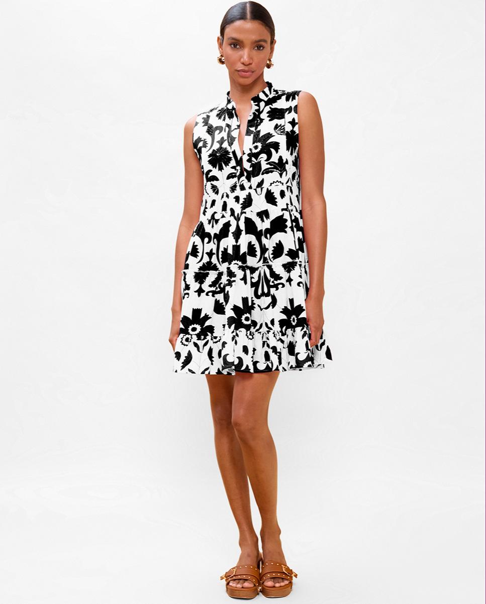 Vestido Curto Estampado com Folhos Branco / Preto-1