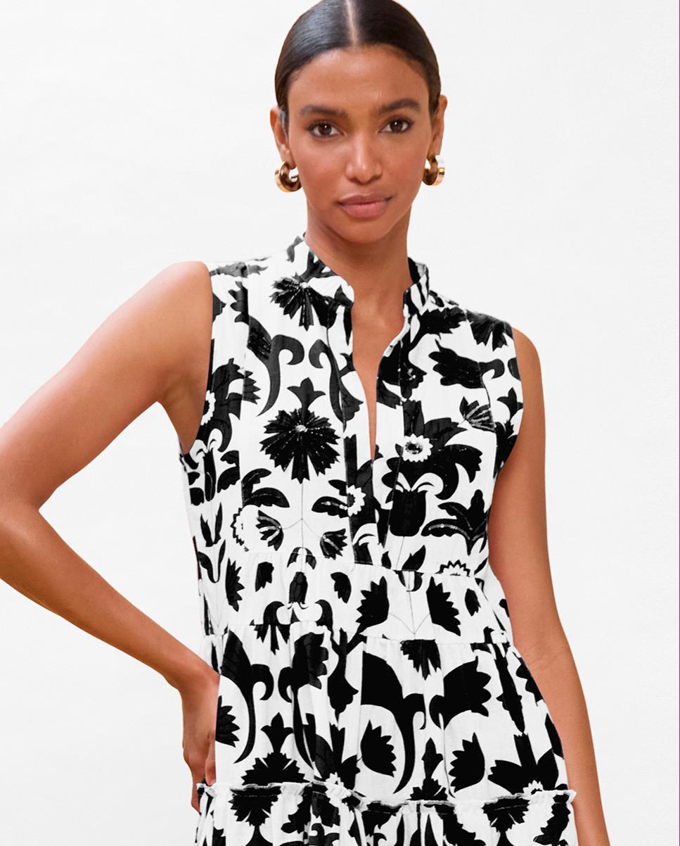 Vestido Curto Estampado com Folhos Branco / Preto-2