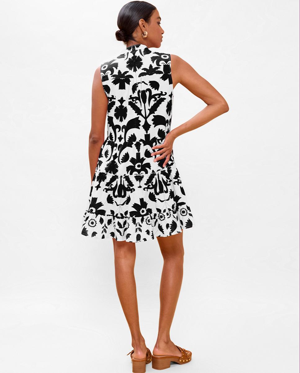 Vestido Curto Estampado com Folhos Branco / Preto-3