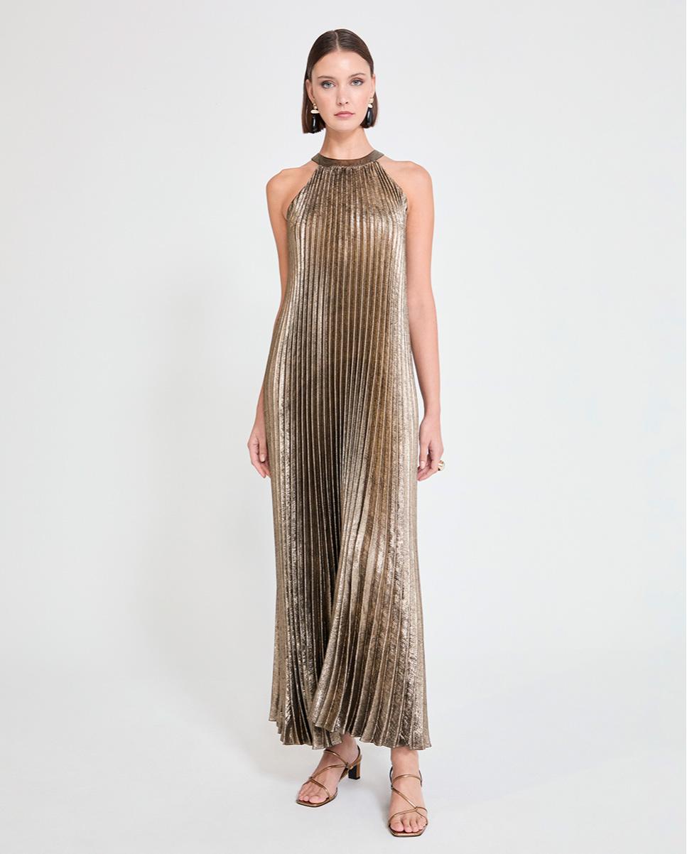 Imagem 0 de Vestido Comprido Plissado com Gola Halter