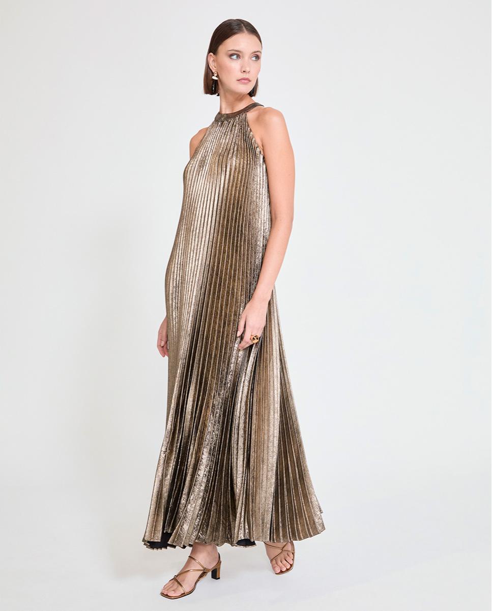 Vestido Comprido Plissado com Gola Halter Ouro-2