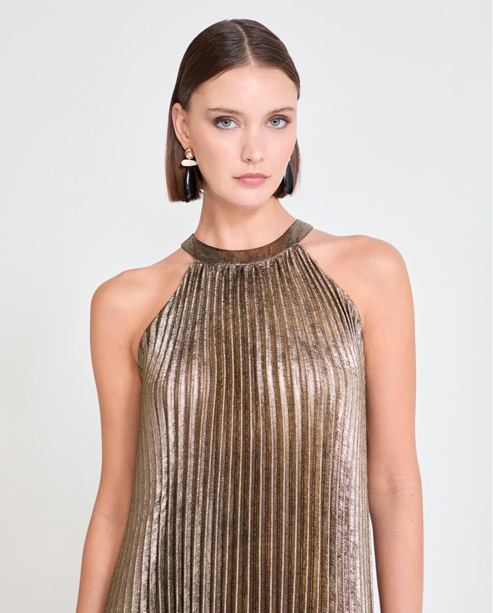 Vestido Comprido Plissado com Gola Halter Ouro-3