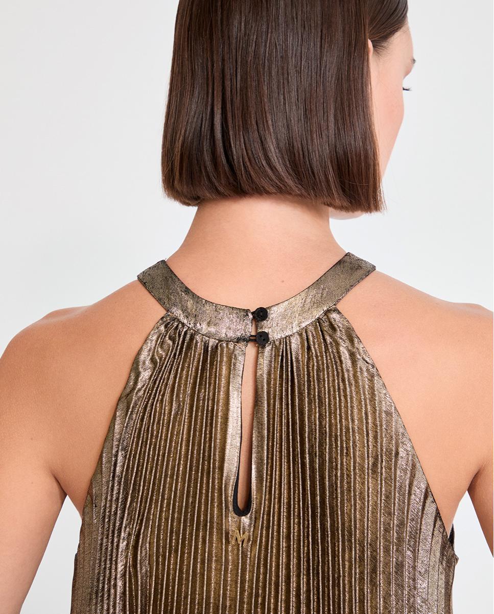 Vestido Comprido Plissado com Gola Halter Ouro-5