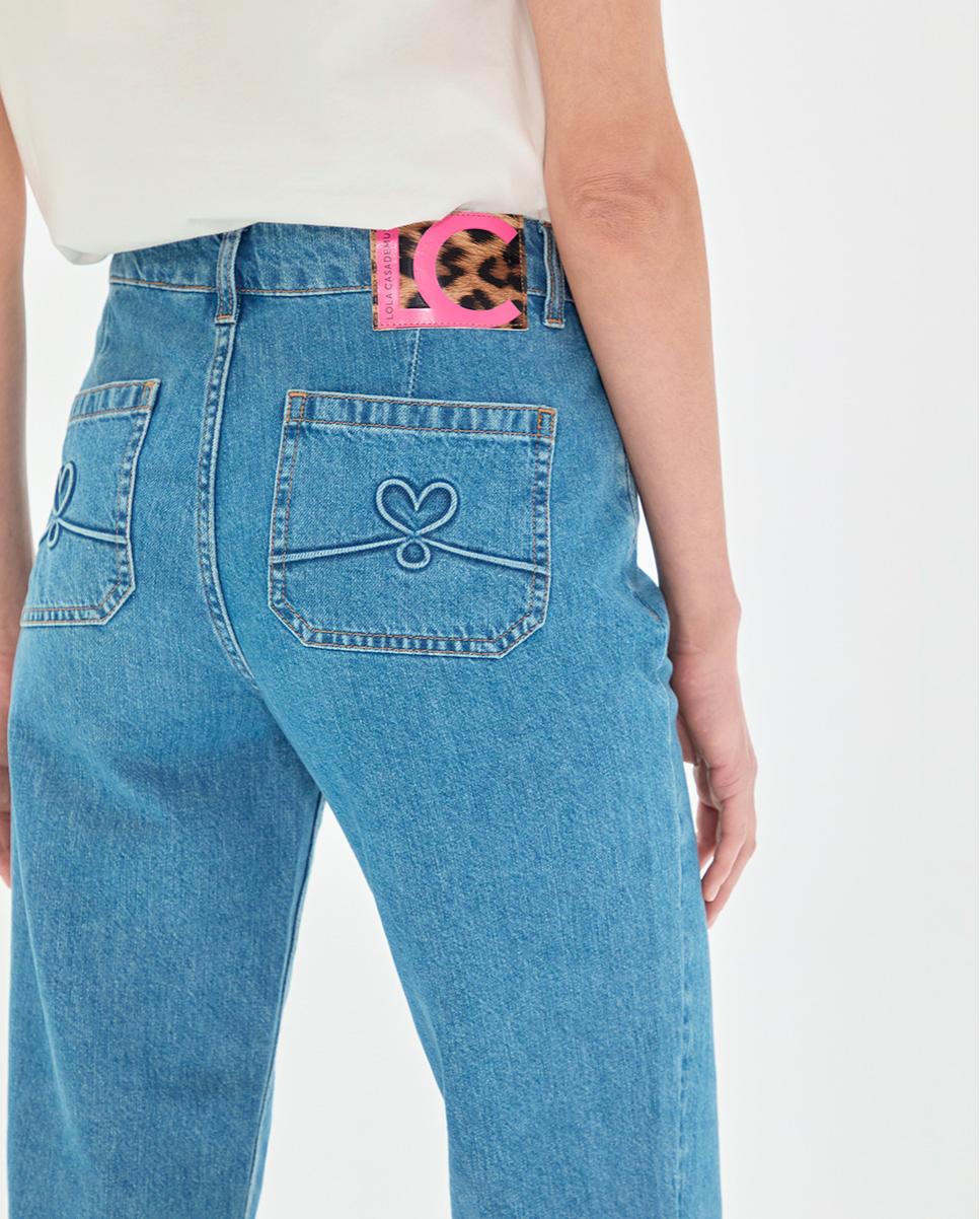 Jeans Básico de Corte a Direito com Cinco Bolsos Azul-2