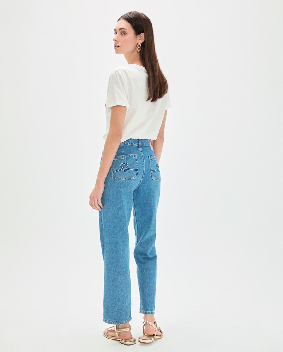 Jeans Básico de Corte a Direito com Cinco Bolsos Azul-3