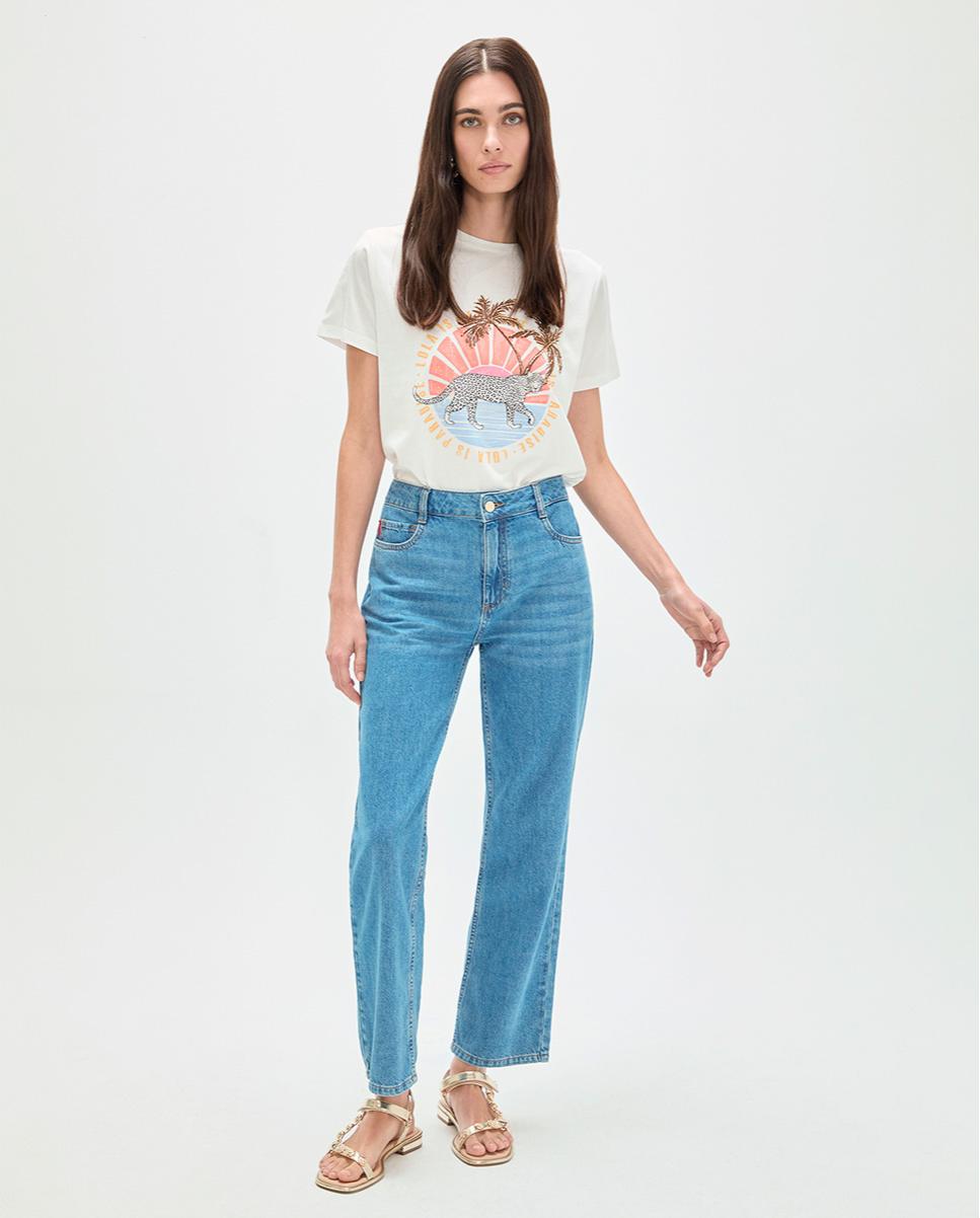 Jeans Básico de Corte a Direito com Cinco Bolsos Azul-4