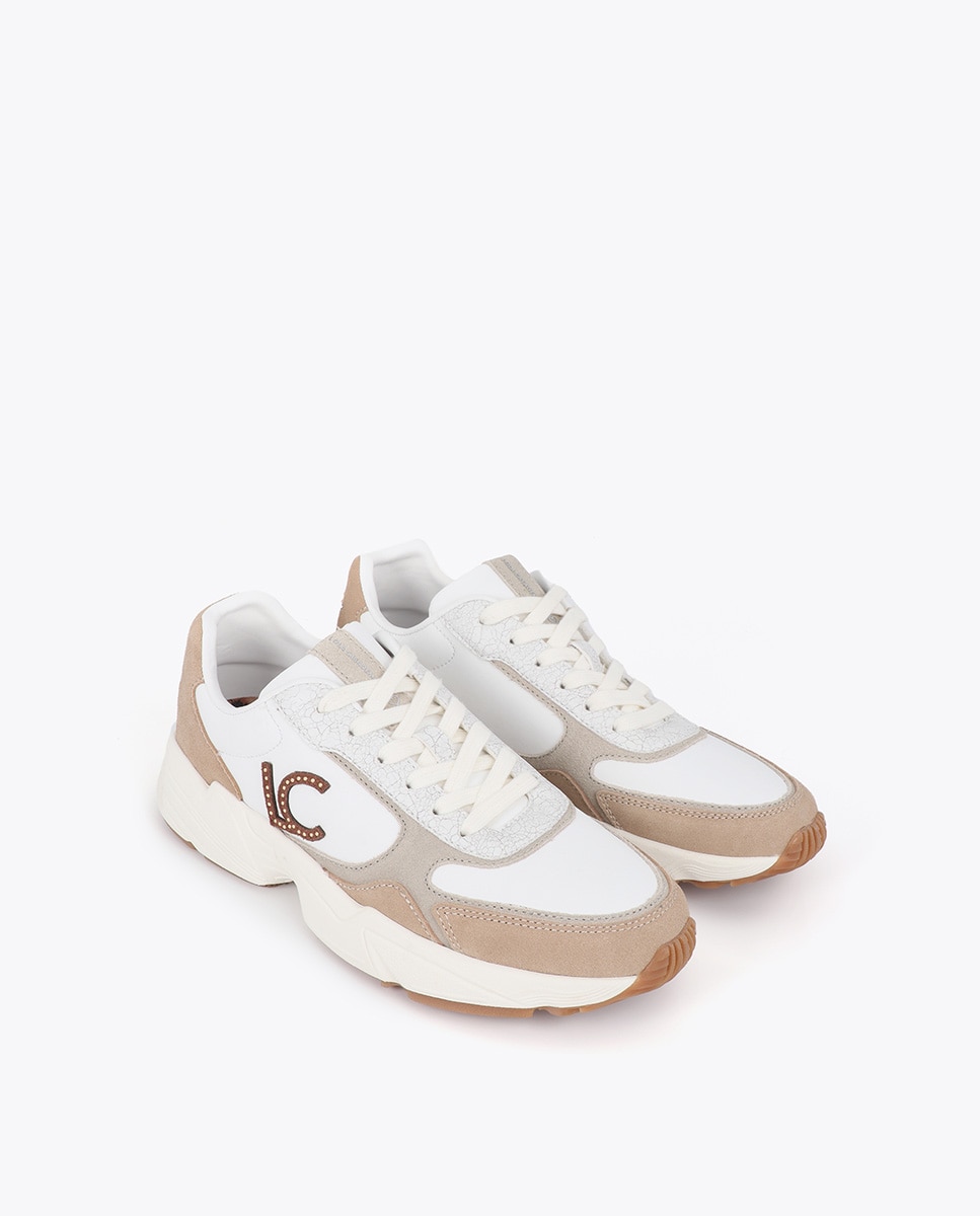 Sapatilhas Básicas com Sola Tipo Running com Detalhe Patch Combinada em Diferentes Materiais e Pele 45a Branco-2